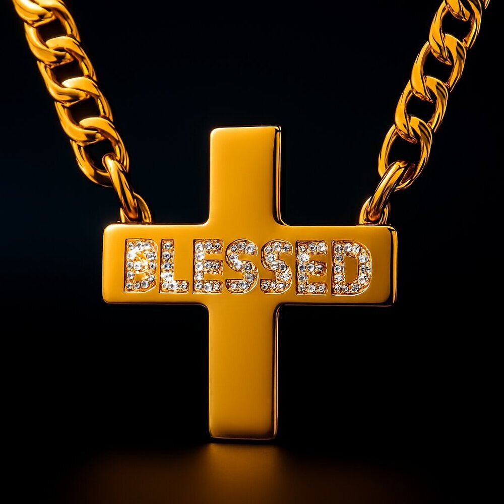 Gold Cross Necklace w/ Crystal 'Blessed' Inscription – Faith Jewelry Gift 16"